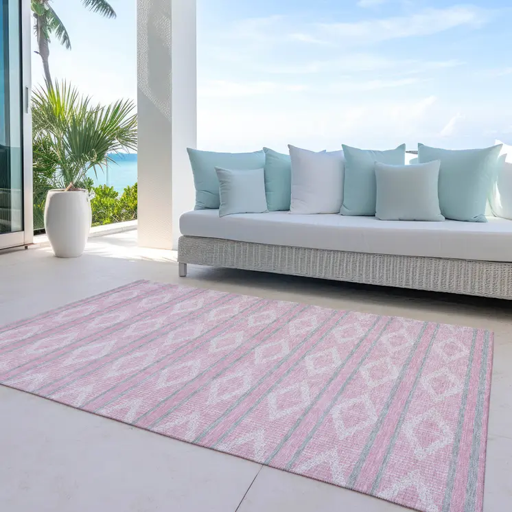 8' X 10' Pink Ivory And Gray Geometric Washable Indoor Outdoor Area Rug