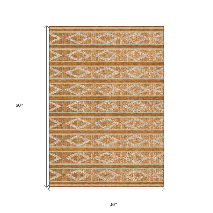 3' X 5' Copper And Ivory Geometric Washable Indoor Outdoor Area Rug