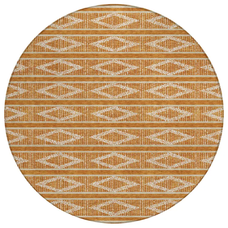 8' Copper And Ivory Round Geometric Washable Indoor Outdoor Area Rug