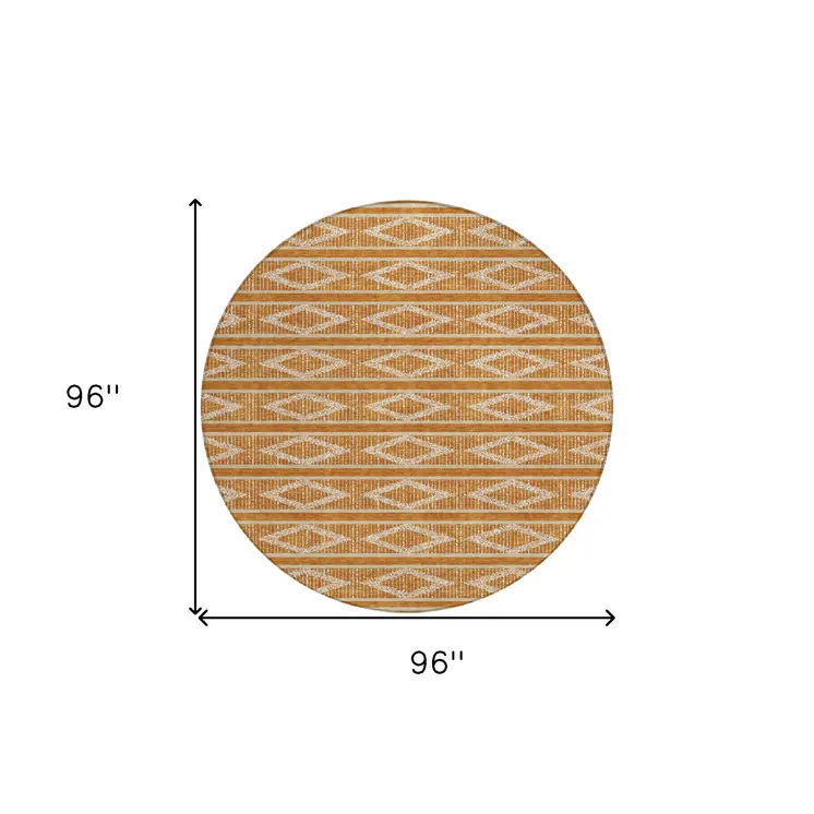 8' Copper And Ivory Round Geometric Washable Indoor Outdoor Area Rug