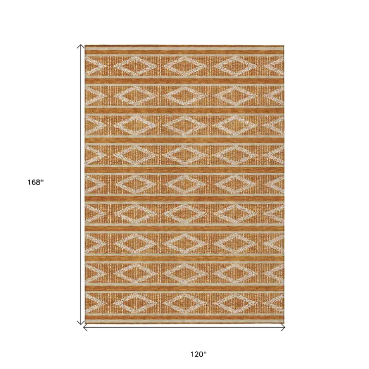 10' X 14' Copper And Ivory Geometric Washable Indoor Outdoor Area Rug