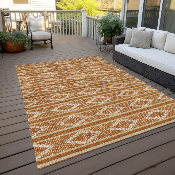 10' X 14' Copper And Ivory Geometric Washable Indoor Outdoor Area Rug