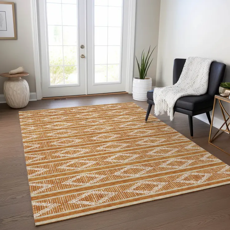10' X 14' Copper And Ivory Geometric Washable Indoor Outdoor Area Rug