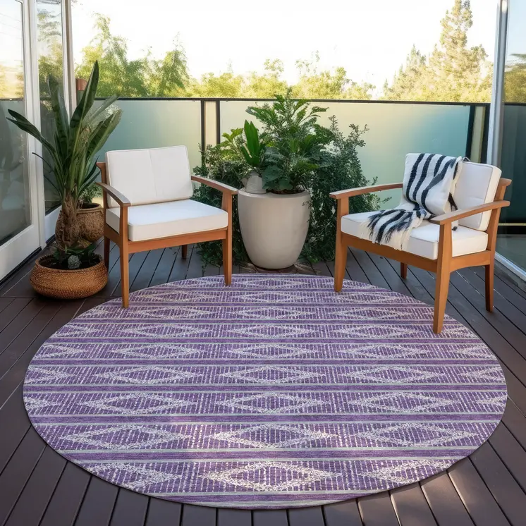 8' Purple Gray And Ivory Round Geometric Washable Indoor Outdoor Area Rug