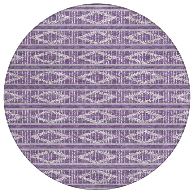 8' Purple Gray And Ivory Round Geometric Washable Indoor Outdoor Area Rug