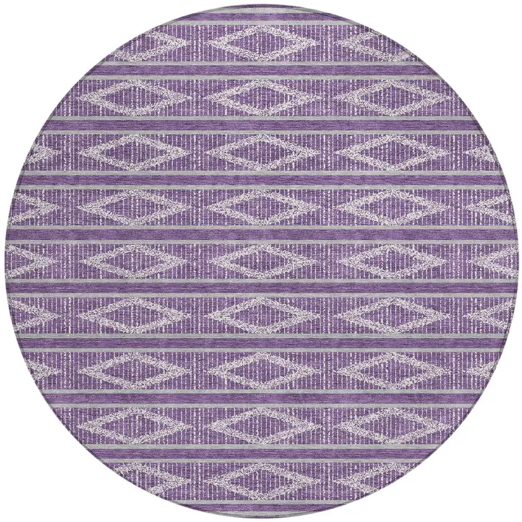 8' Purple Gray And Ivory Round Geometric Washable Indoor Outdoor Area Rug