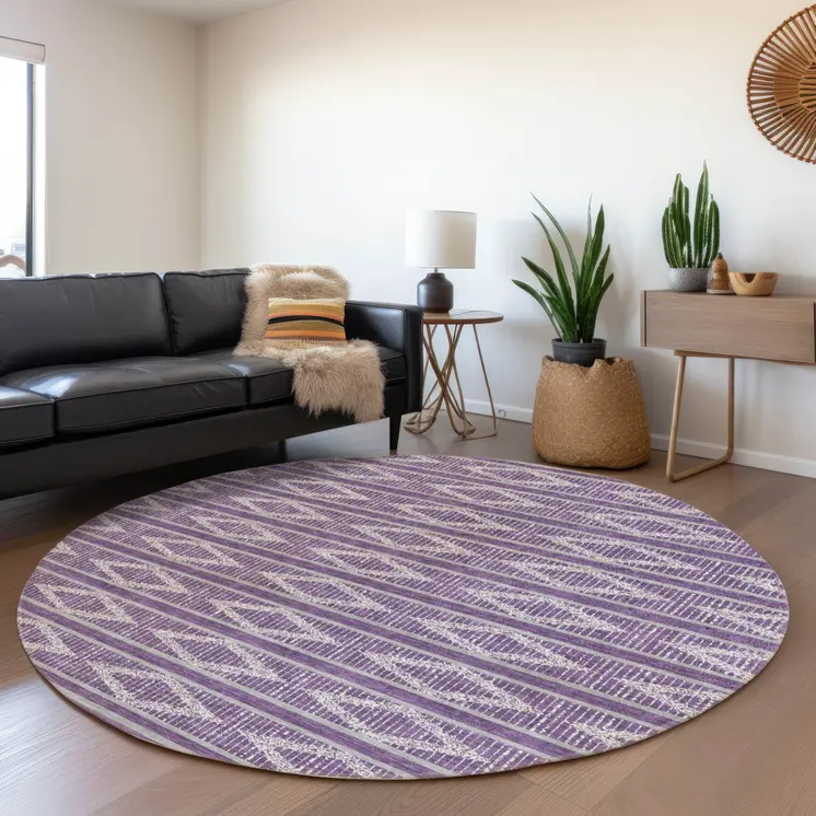 8' Purple Gray And Ivory Round Geometric Washable Indoor Outdoor Area Rug