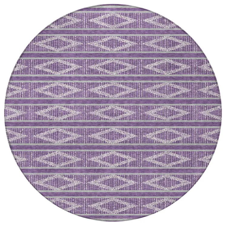 8' Purple Gray And Ivory Round Geometric Washable Indoor Outdoor Area Rug