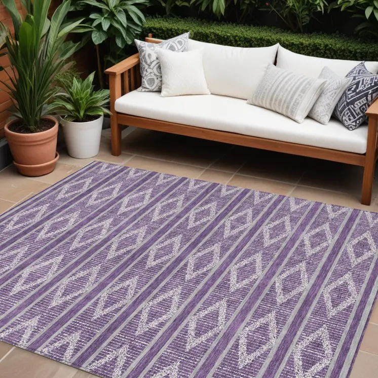 8' X 10' Purple Gray And Ivory Geometric Washable Indoor Outdoor Area Rug