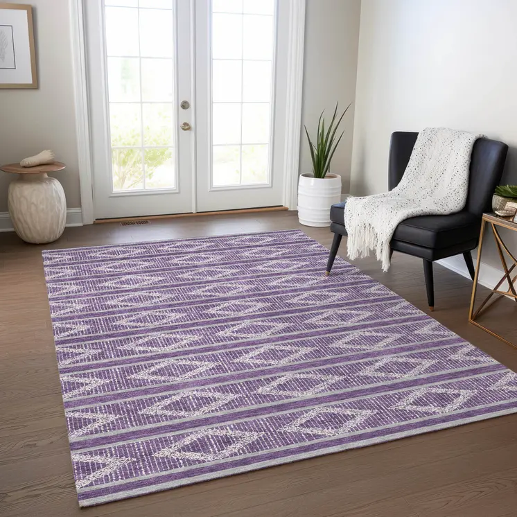 8' X 10' Purple Gray And Ivory Geometric Washable Indoor Outdoor Area Rug