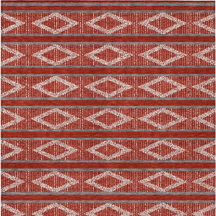 3' X 5' Red Ivory And Gray Geometric Washable Indoor Outdoor Area Rug