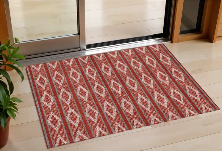 3' X 5' Red Ivory And Gray Geometric Washable Indoor Outdoor Area Rug