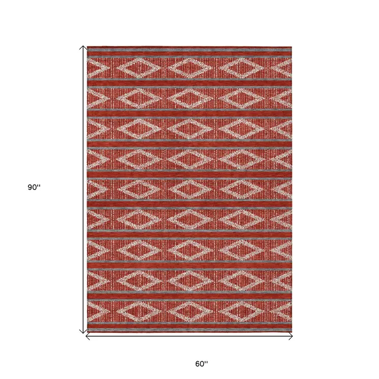 5' X 8' Red Ivory And Gray Geometric Washable Indoor Outdoor Area Rug
