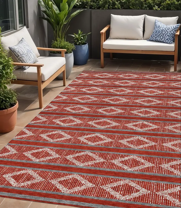 5' X 8' Red Ivory And Gray Geometric Washable Indoor Outdoor Area Rug