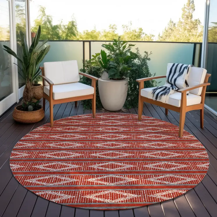 8' Red Ivory And Gray Round Geometric Washable Indoor Outdoor Area Rug