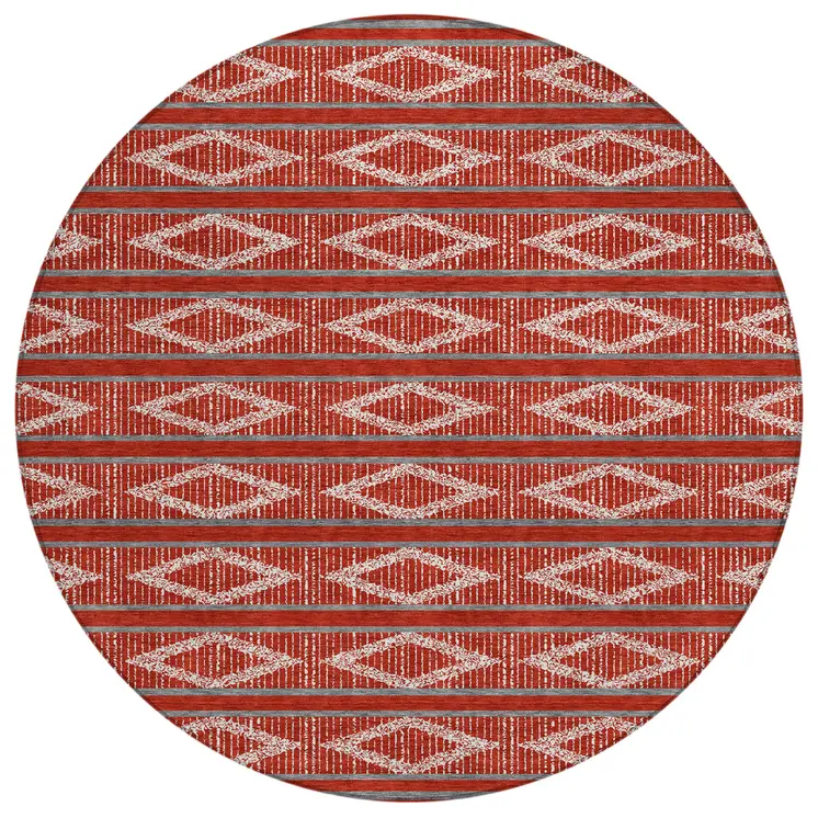 8' Red Ivory And Gray Round Geometric Washable Indoor Outdoor Area Rug