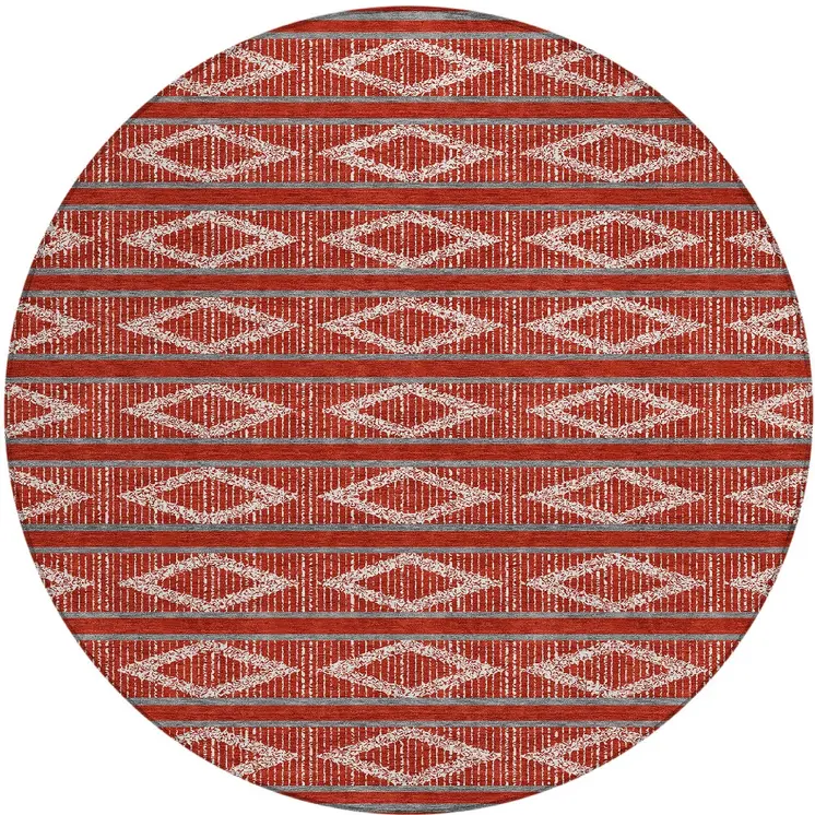 8' Red Ivory And Gray Round Geometric Washable Indoor Outdoor Area Rug