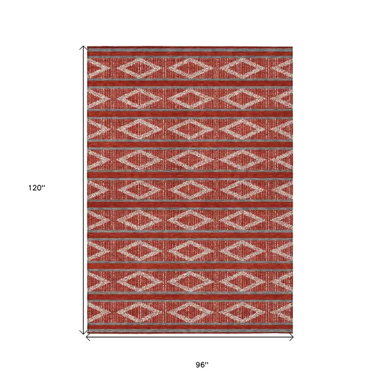 8' X 10' Red Ivory And Gray Geometric Washable Indoor Outdoor Area Rug