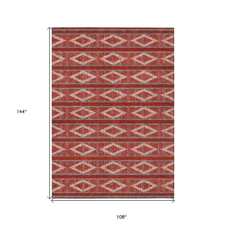 9' X 12' Red Ivory And Gray Geometric Washable Indoor Outdoor Area Rug
