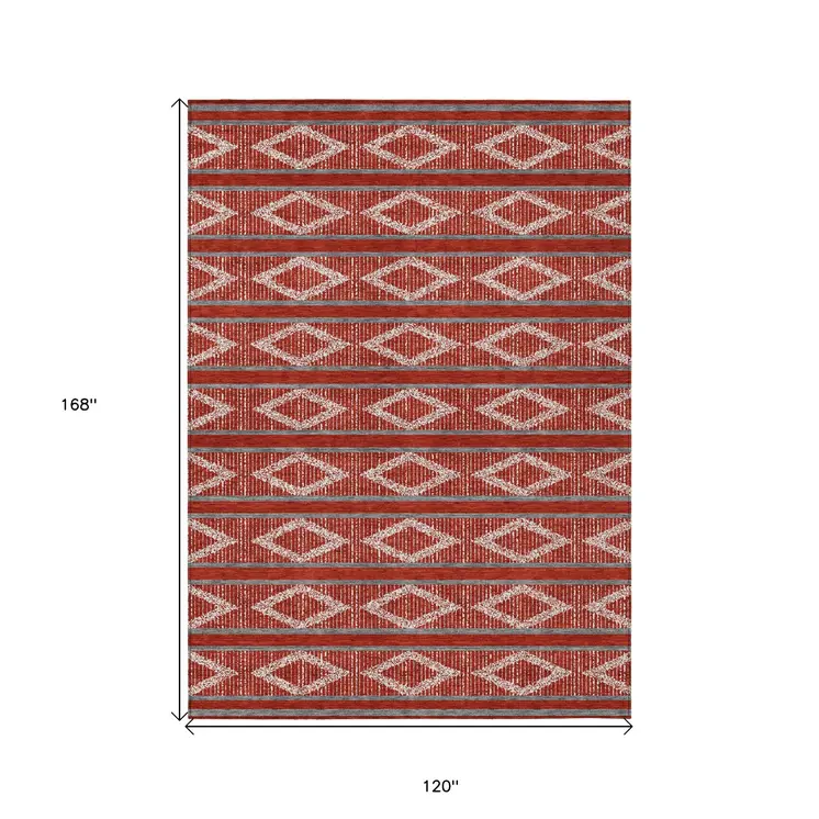 10' X 14' Red Ivory And Gray Geometric Washable Indoor Outdoor Area Rug