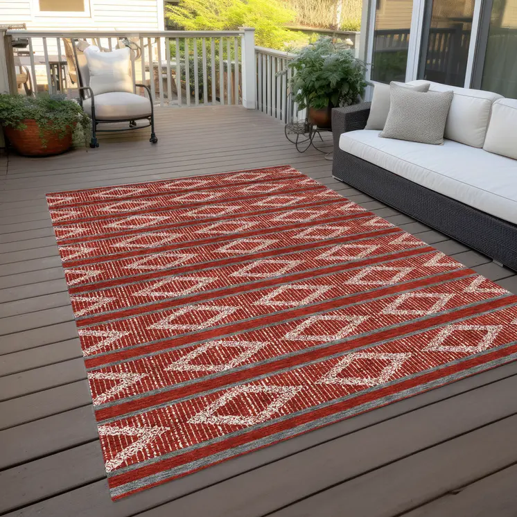 10' X 14' Red Ivory And Gray Geometric Washable Indoor Outdoor Area Rug