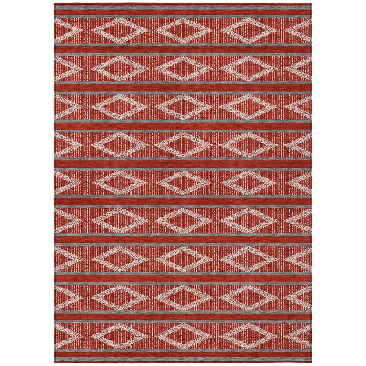 10' X 14' Red Ivory And Gray Geometric Washable Indoor Outdoor Area Rug