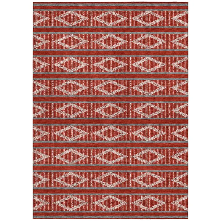 10' X 14' Red Ivory And Gray Geometric Washable Indoor Outdoor Area Rug