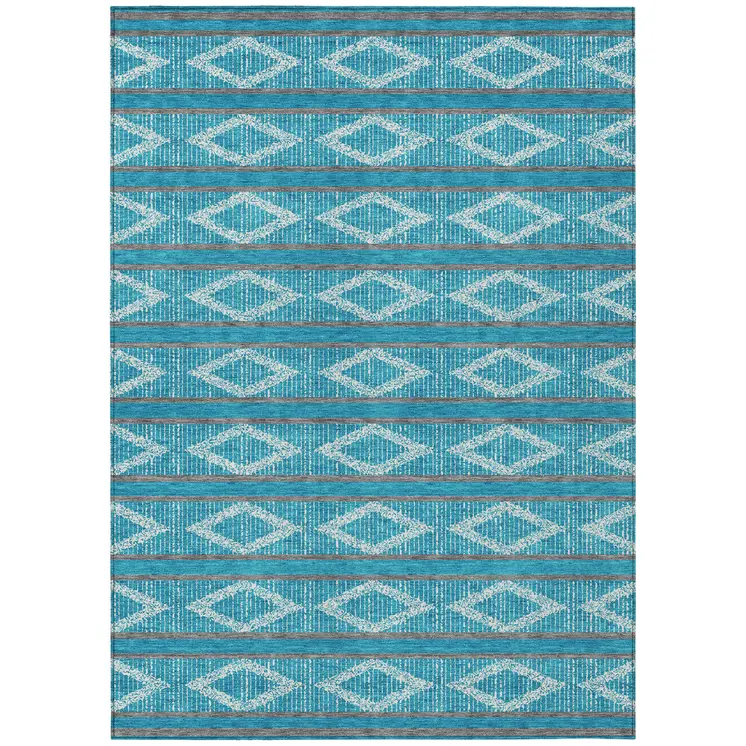 5' X 8' Teal Blue Gray And Ivory Geometric Washable Indoor Outdoor Area Rug