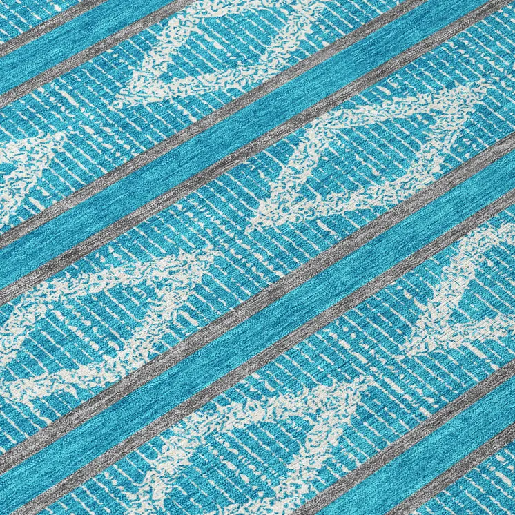 5' X 8' Teal Blue Gray And Ivory Geometric Washable Indoor Outdoor Area Rug