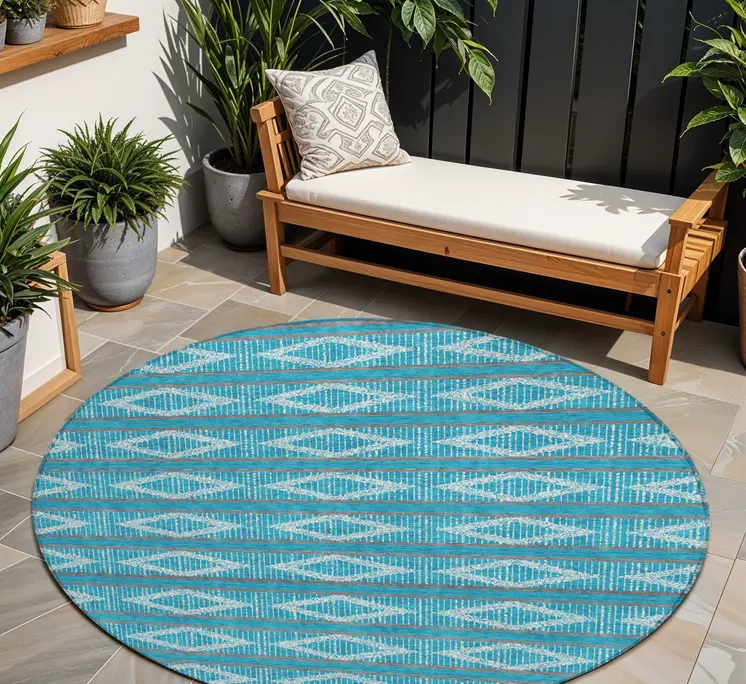 8' Teal Blue Gray And Ivory Round Geometric Washable Indoor Outdoor Area Rug