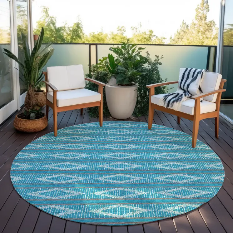 8' Teal Blue Gray And Ivory Round Geometric Washable Indoor Outdoor Area Rug