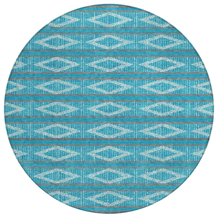 8' Teal Blue Gray And Ivory Round Geometric Washable Indoor Outdoor Area Rug