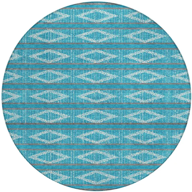 8' Teal Blue Gray And Ivory Round Geometric Washable Indoor Outdoor Area Rug