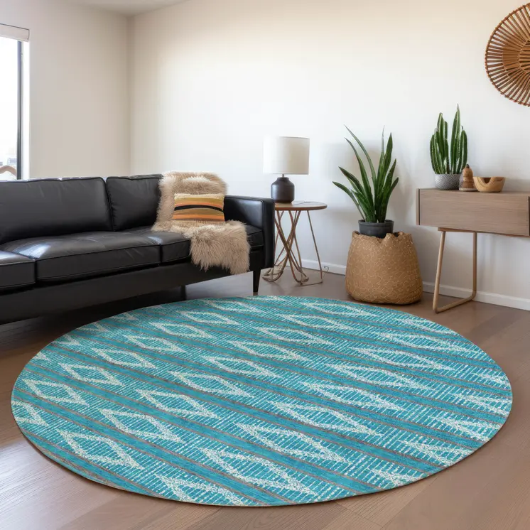 8' Teal Blue Gray And Ivory Round Geometric Washable Indoor Outdoor Area Rug