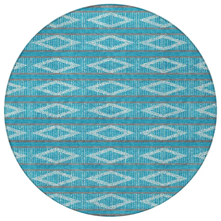 8' Teal Blue Gray And Ivory Round Geometric Washable Indoor Outdoor Area Rug