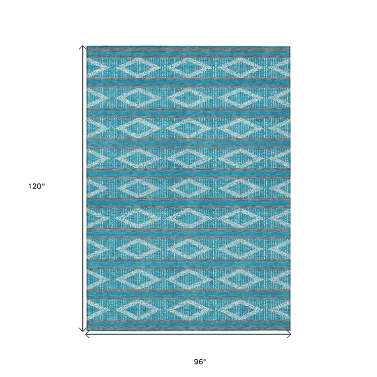 8' X 10' Teal Blue Gray And Ivory Geometric Washable Indoor Outdoor Area Rug