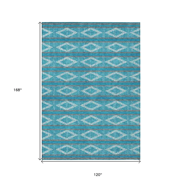 10' X 14' Teal Blue Gray And Ivory Geometric Washable Indoor Outdoor Area Rug