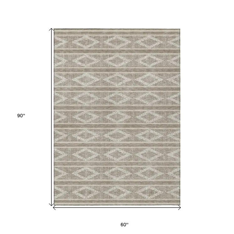 5' X 8' Taupe And Ivory Geometric Washable Indoor Outdoor Area Rug