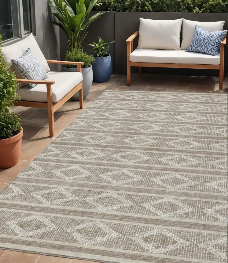 5' X 8' Taupe And Ivory Geometric Washable Indoor Outdoor Area Rug