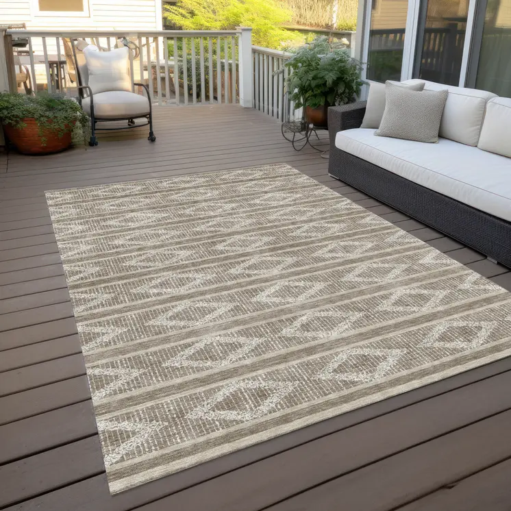 5' X 8' Taupe And Ivory Geometric Washable Indoor Outdoor Area Rug