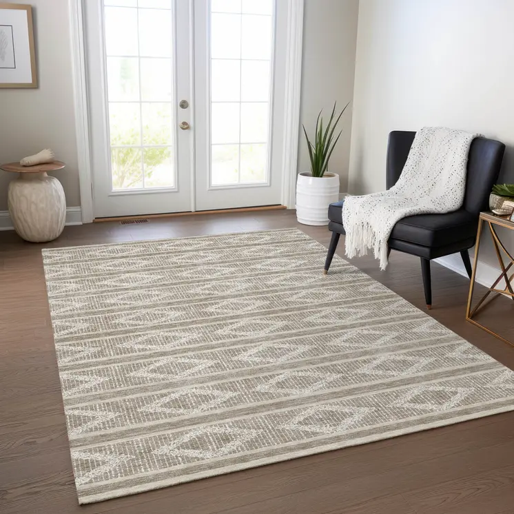 5' X 8' Taupe And Ivory Geometric Washable Indoor Outdoor Area Rug