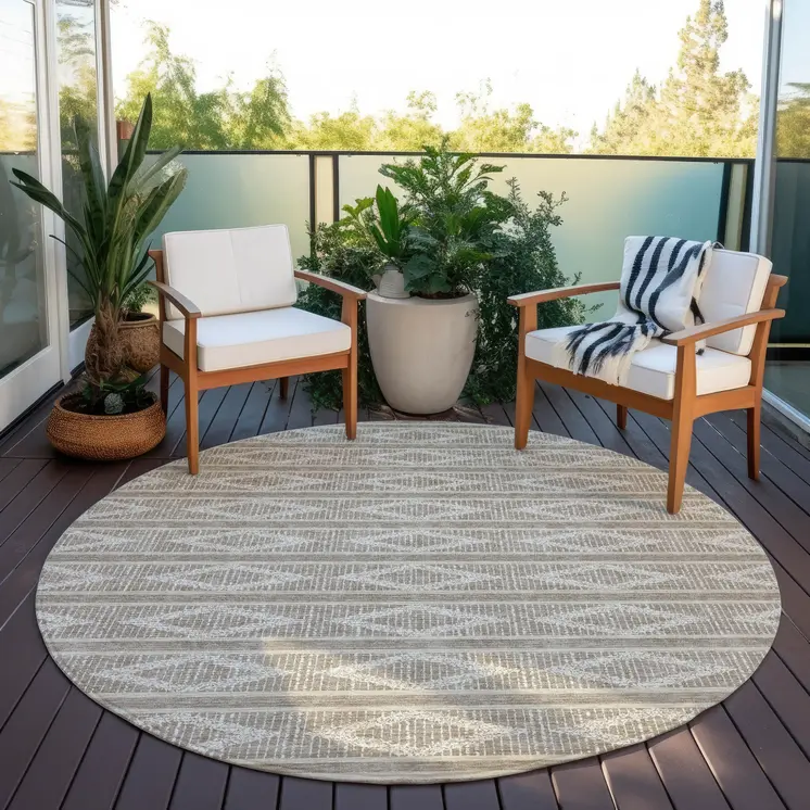 8' Taupe And Ivory Round Geometric Washable Indoor Outdoor Area Rug