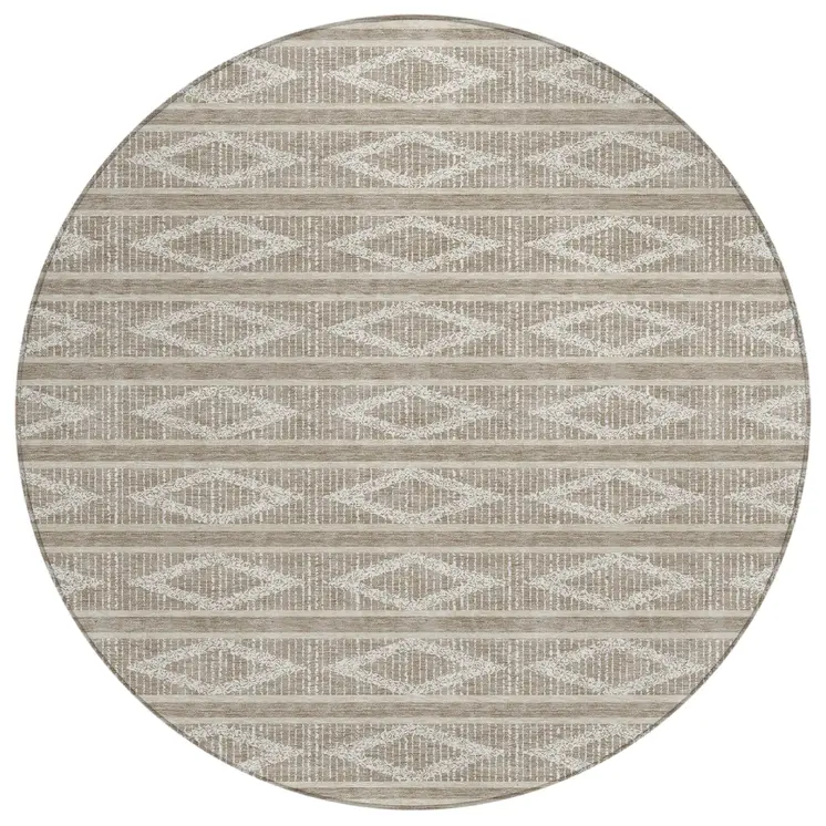 8' Taupe And Ivory Round Geometric Washable Indoor Outdoor Area Rug