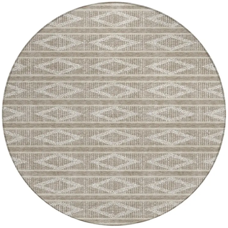 8' Taupe And Ivory Round Geometric Washable Indoor Outdoor Area Rug