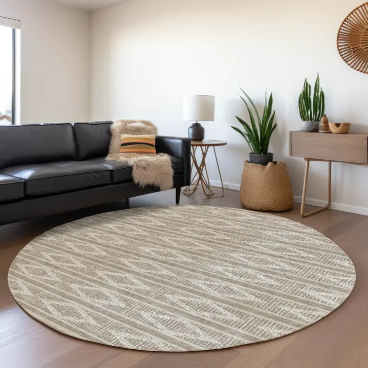 8' Taupe And Ivory Round Geometric Washable Indoor Outdoor Area Rug