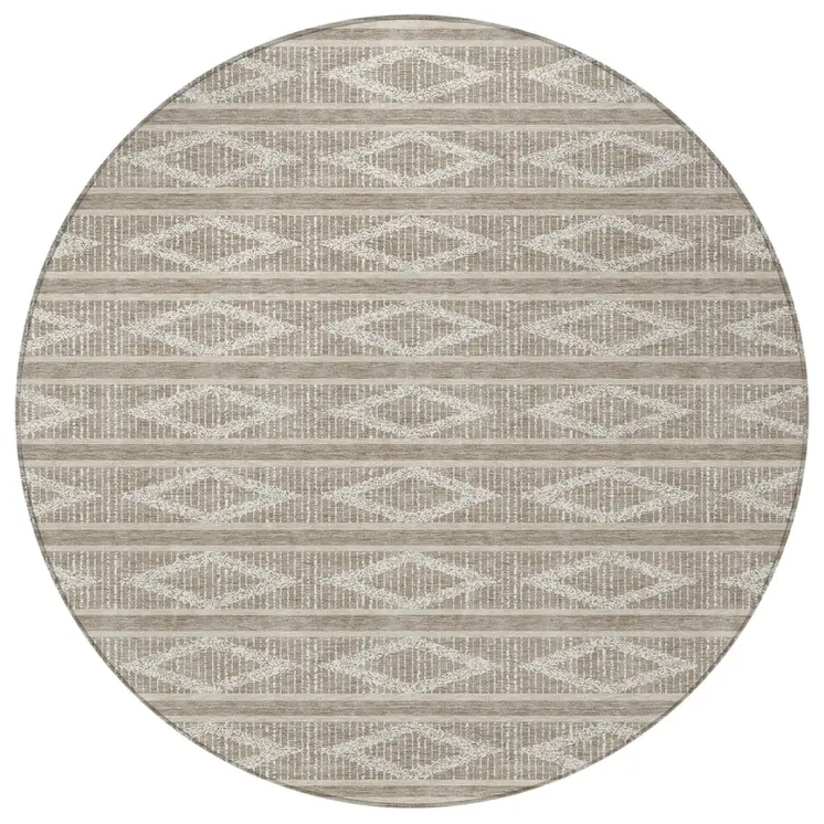8' Taupe And Ivory Round Geometric Washable Indoor Outdoor Area Rug