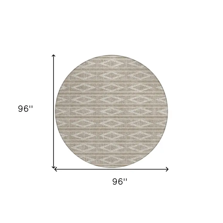 8' Taupe And Ivory Round Geometric Washable Indoor Outdoor Area Rug