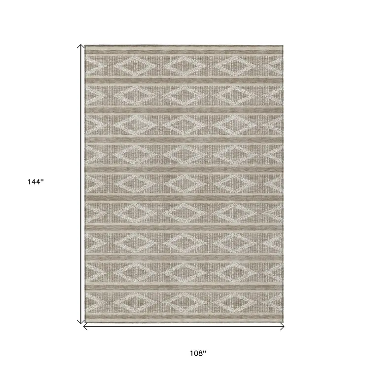 9' X 12' Taupe And Ivory Geometric Washable Indoor Outdoor Area Rug
