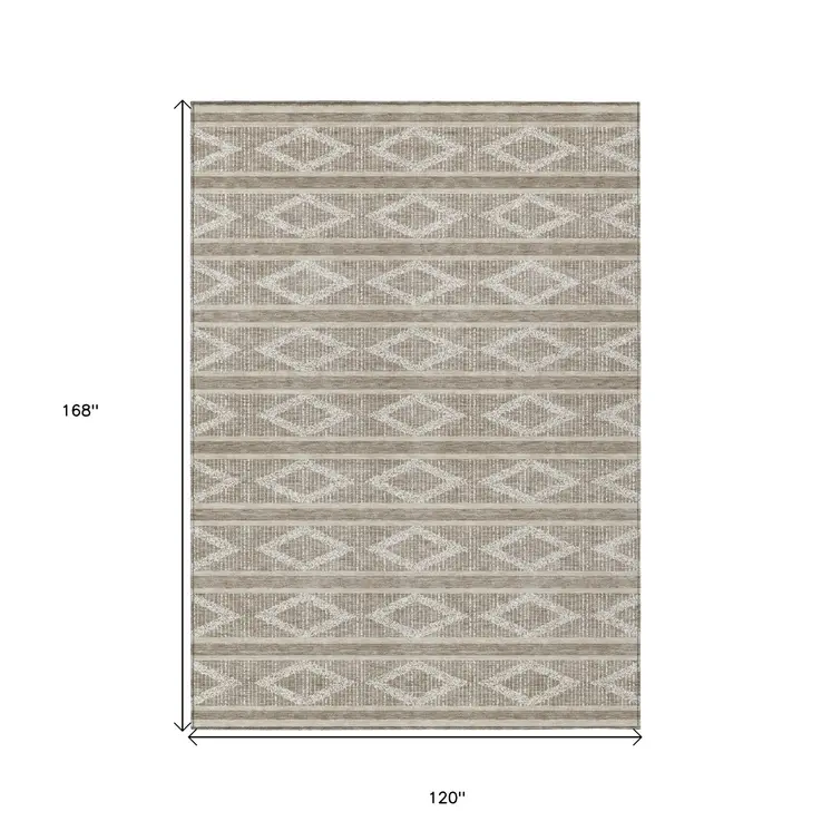 10' X 14' Taupe And Ivory Geometric Washable Indoor Outdoor Area Rug
