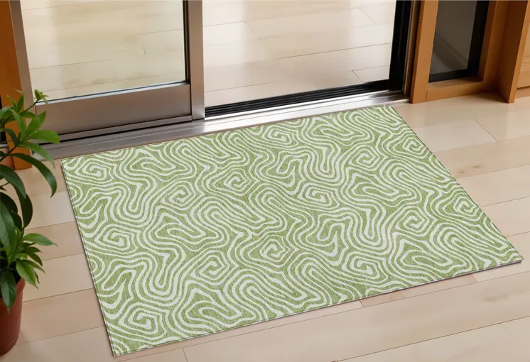 3' X 5' Artichoke Green And Ivory Abstract Washable Indoor Outdoor Area Rug